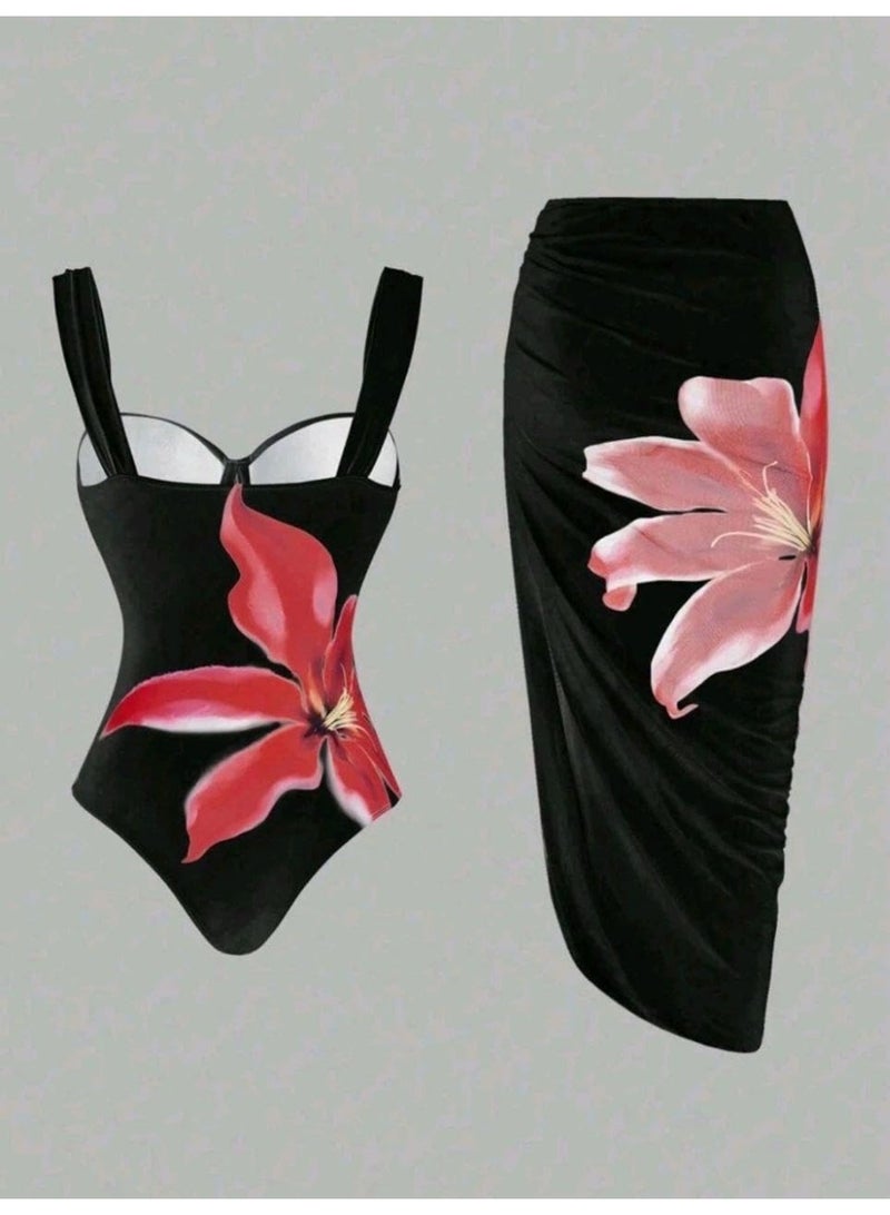 شي إن SHEIN-2pcs/Set Swim One-Piece Swimsuit With Cover-Up Skirt - Image 3